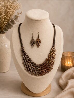 Elegant Bronze Leaf Bib Necklace and Earrings Set - Women Jewelry